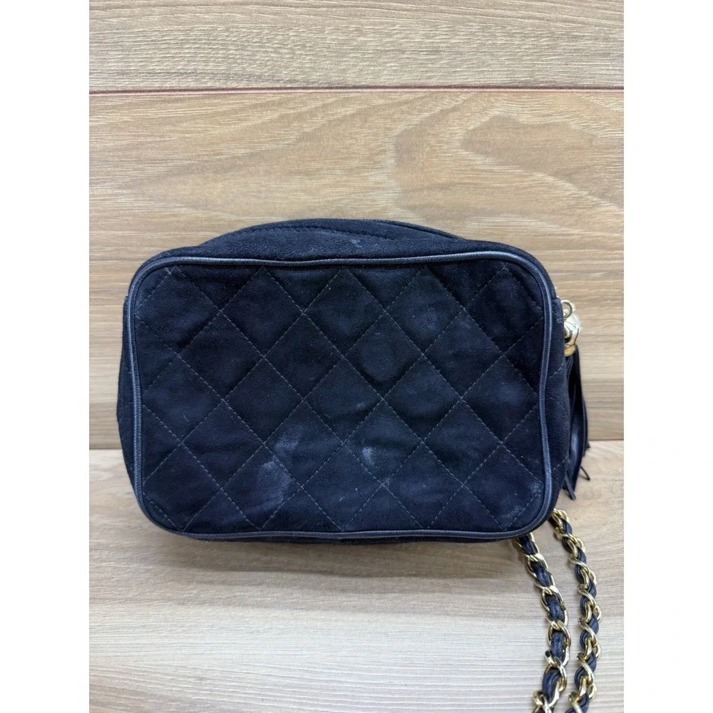CHANEL Vintage 90s Quilted Suede Small Camera Bag Black Suede Zipper Tassel